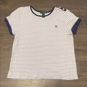 Lauren Ralph Lauren Navy & White Striped Tee w/ Button Detail, Size Medium
